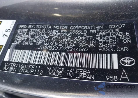 2007 Toyota Prius from USA, damaged, VIN JTDKB20U073244662